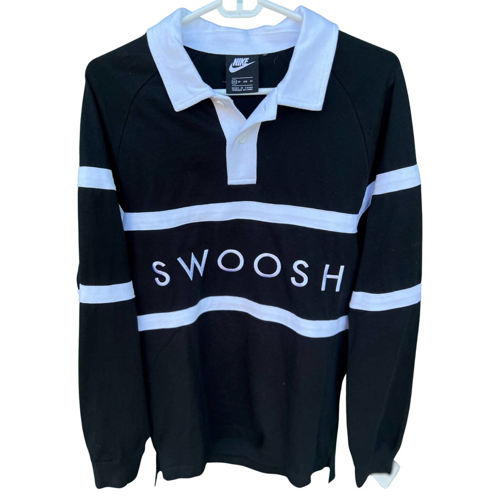NIKE Rugby Polo Shirt Swoosh Long Sleeve University Black Mens Size S